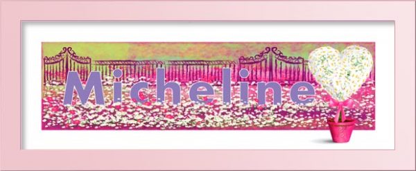 This personalized baby gift is very unique in composition--from the garden gate to the flower heart and the field of thousands of flowers. A pink or white frame will work well with this-personalized baby gift.